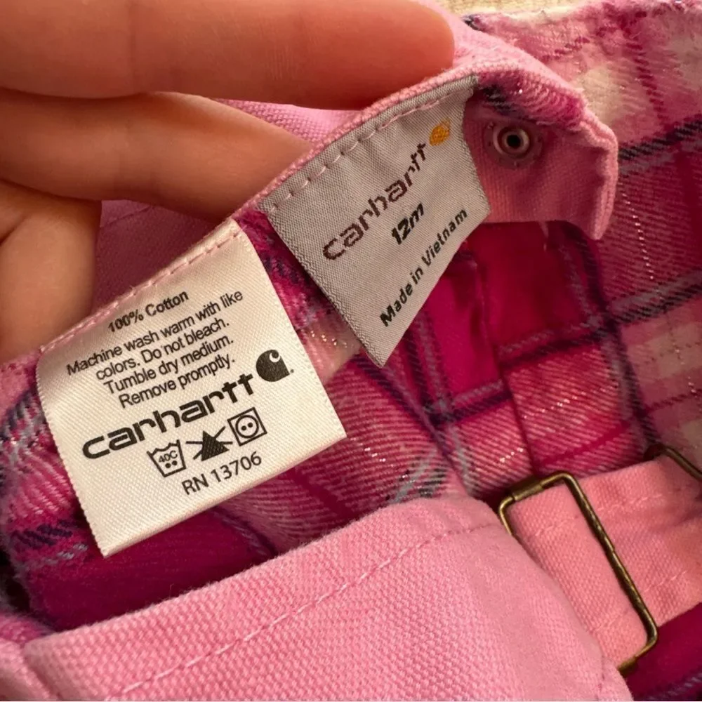 Carhartt Toddler Pink Canvas Bib Overalls Size 12 Months Flannel Lined Bibs